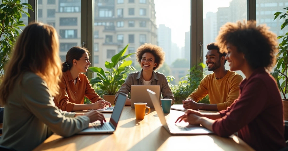 Equipe feliz em ambiente de trabalho agradável, colaborando em torno de uma mesa com laptops e copos 