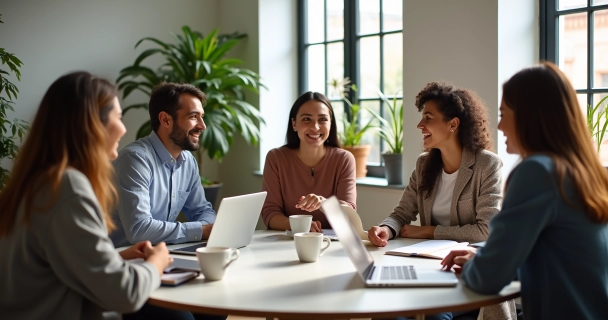Pessoas diversas reunidas em mesa de reunião, sorrindo e conversando em ambiente aconchegante e iluminado