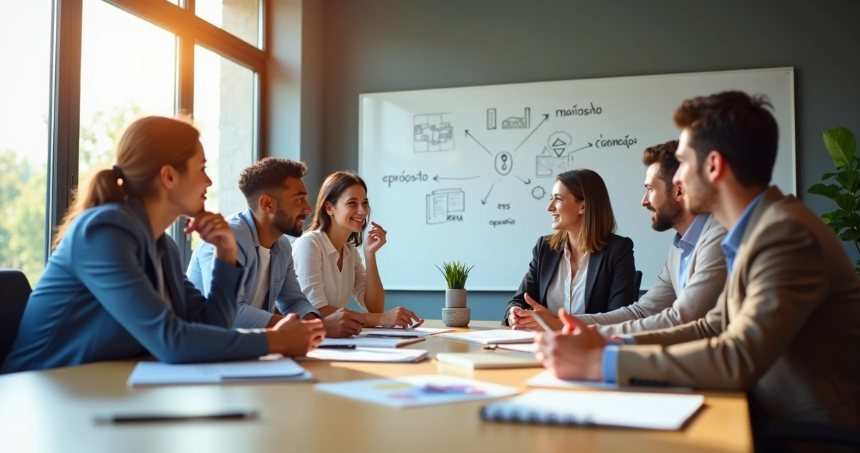 Equipe de trabalho trocando ideias em sala moderna, lápis e papéis sobre a mesa 