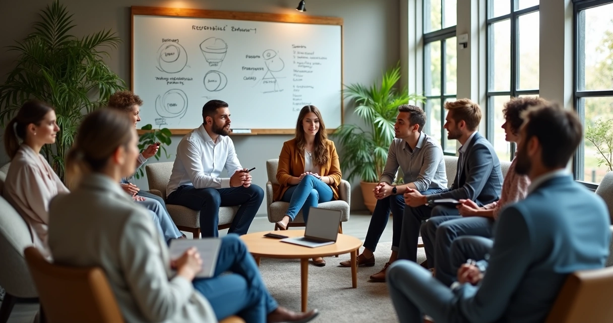 Equipe diversa em escritório colaborativo com líder facilitando diálogo em círculo 
