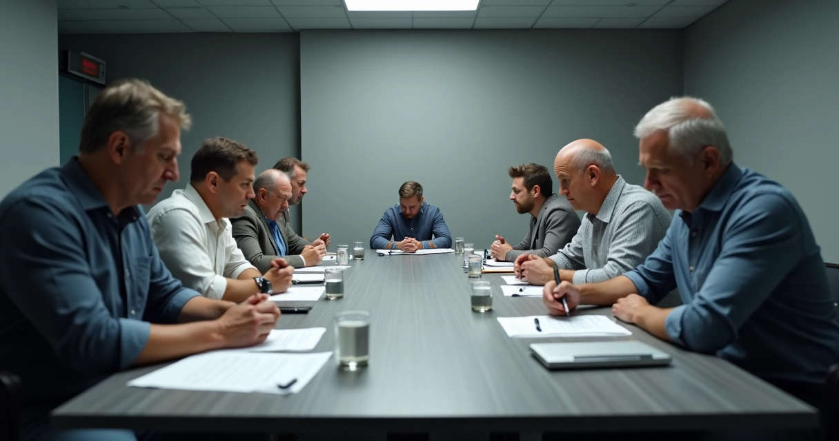 Pessoas em uma sala de reunião evitando contato visual e demonstrando desconforto. 