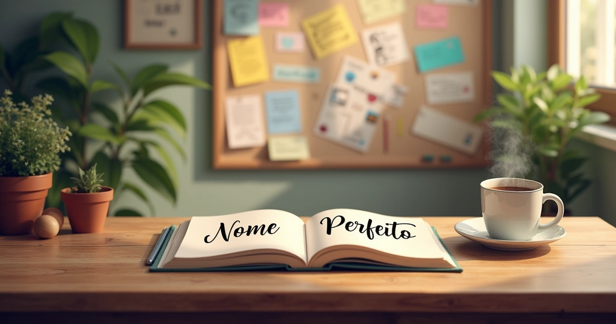 Ambiente de trabalho sereno com um caderno aberto, café e plantas, inspirado em branding.