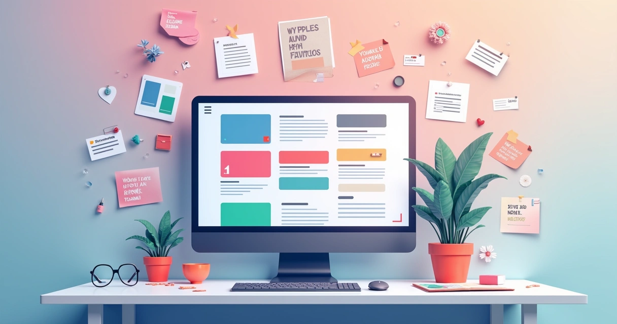 Ambiente de trabalho moderno com tela do Notion mostrando uma paleta de cores vibrante e organizada.