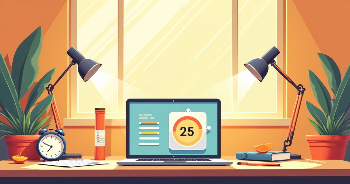 Ambiente de trabalho moderno com laptop, aplicativo Pomodoro em uso, e anotações sobre produtividade.