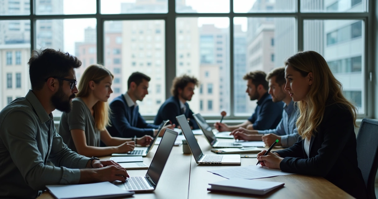 Ambiente de escritório com pessoas focadas em reuniões e trabalho nas mesas. 