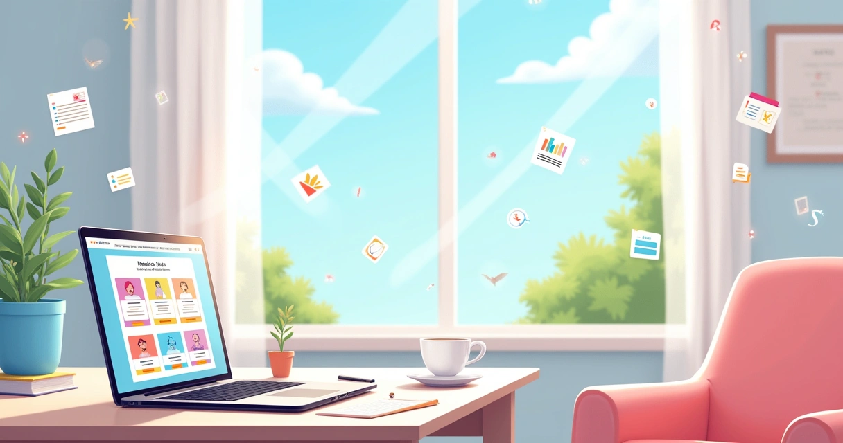 Ambiente de trabalho remoto com laptop, cadeira confortável e vista para árvores, simbolizando flexibilidade.