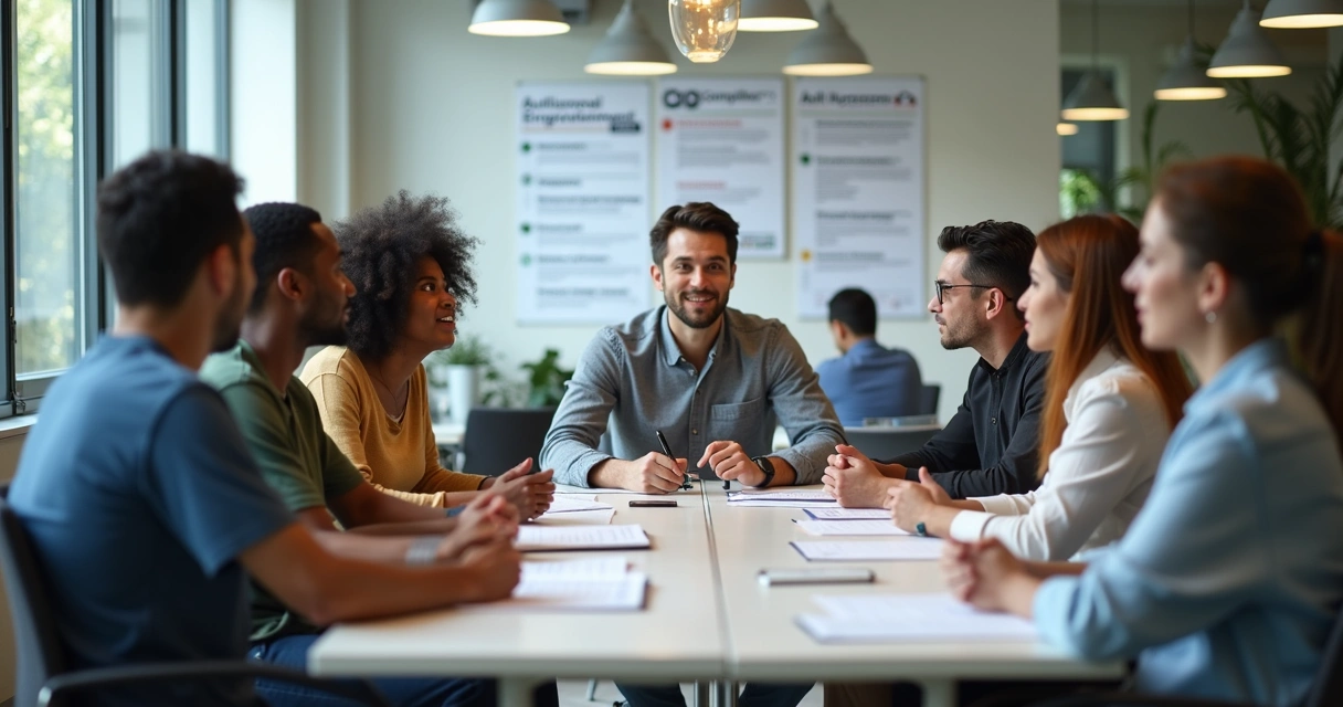 Colaboradores reunidos discutindo ética no ambiente de trabalho 