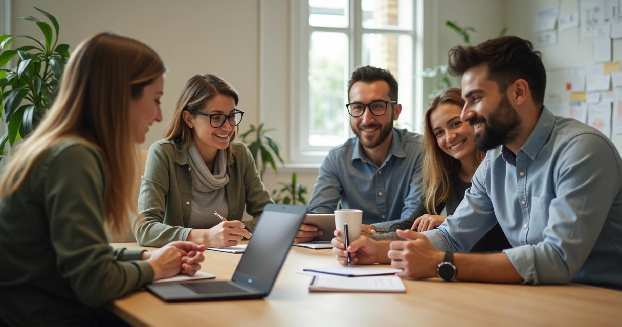 Equipe colaborando em ambiente de trabalho saudável