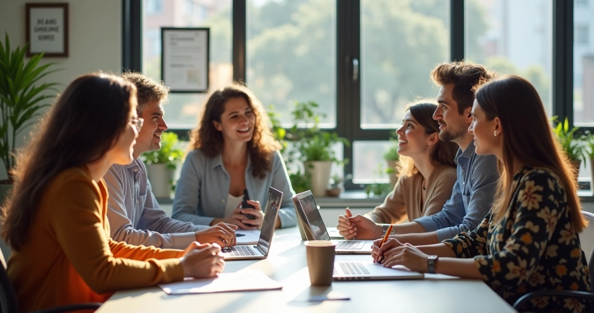 Equipe de trabalho reunida, debatendo de forma saudável em uma mesa de escritório clara e moderna.