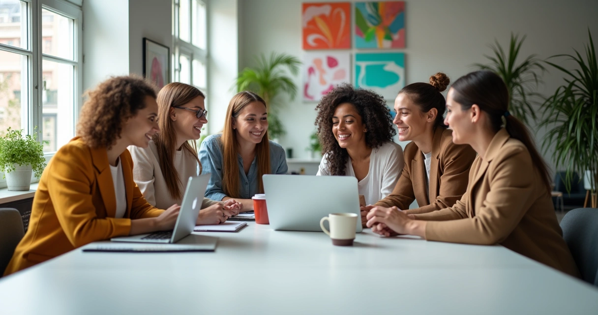 Team de trabalho colaborando em escritório arejado