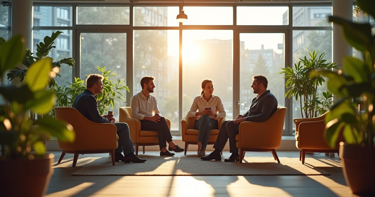 Equipes conversando em sala moderna com plantas e luz natural 