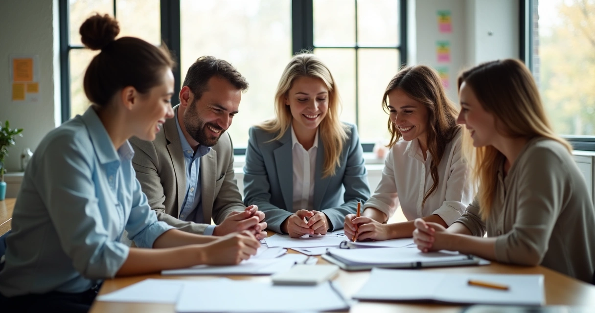 Equipe reunida ao redor de mesa sorrindo em ambiente de trabalho.