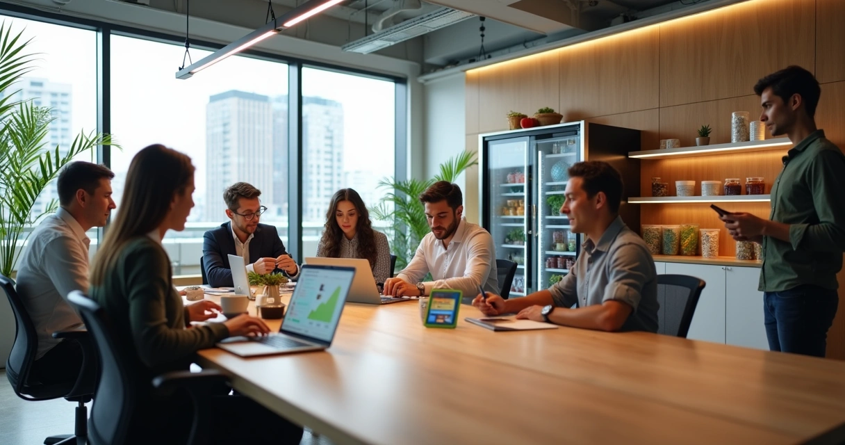 Equipe em escritório moderno com integração de tecnologia e bem-estar 