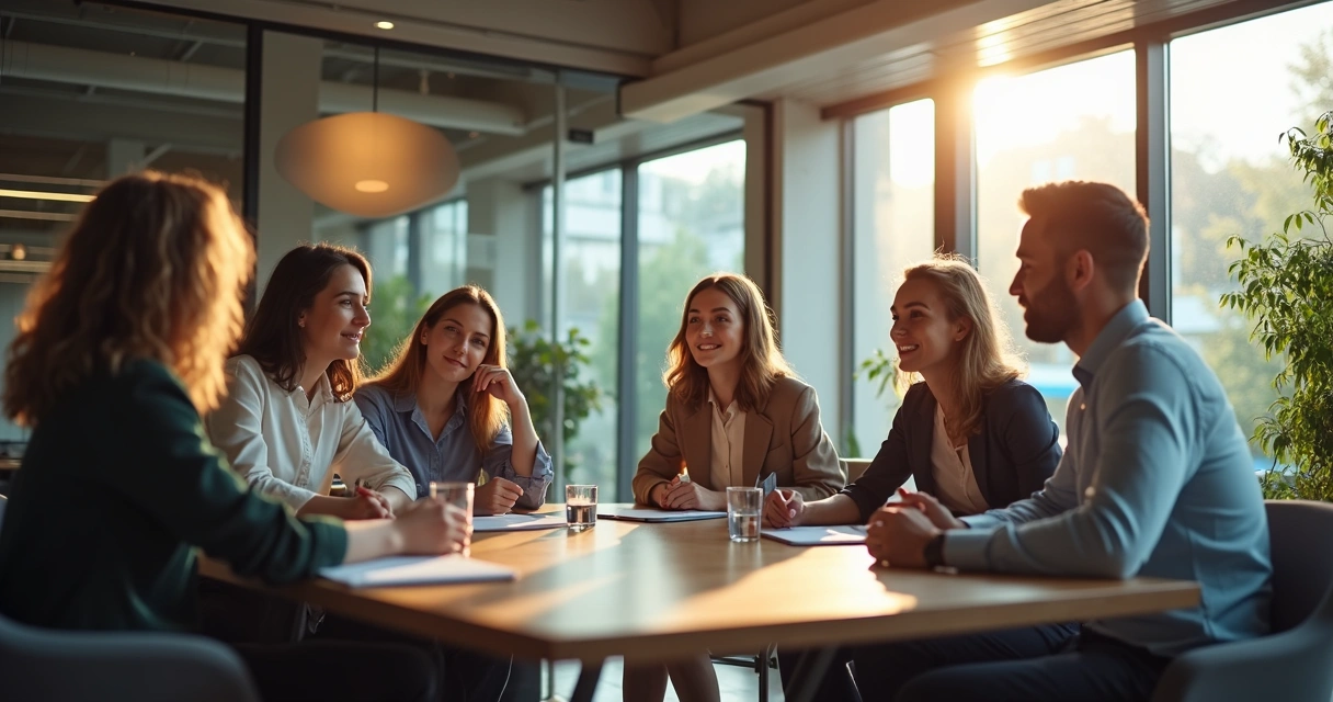 Equipe de colegas sentados ao redor de uma mesa de reunião conversando em ambiente acolhedor 