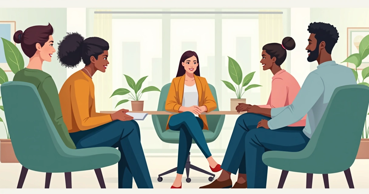 Equipe diversa em roda discutindo com expressão aberta e leve