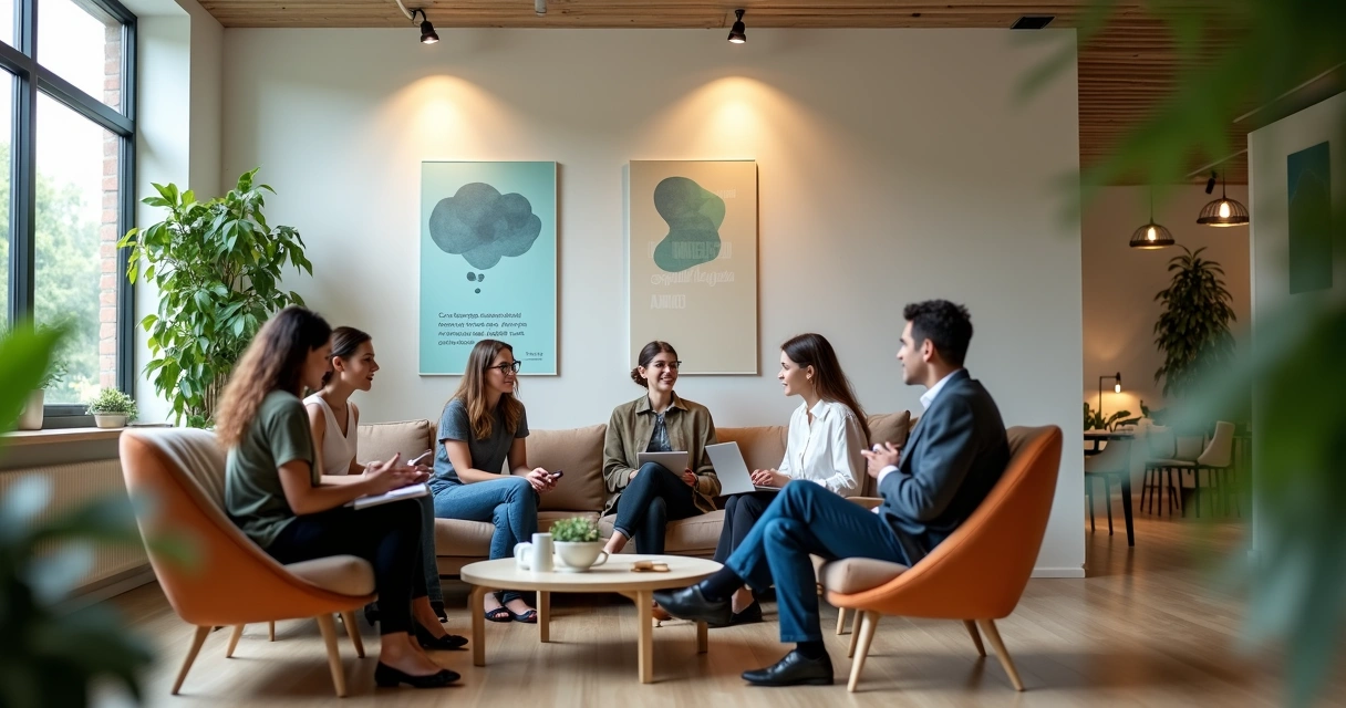 Equipe diversa em reunião informal em escritório moderno com clima acolhedor 