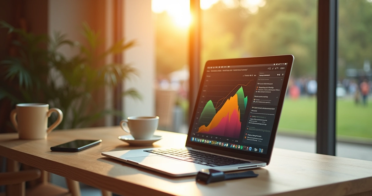 Ambiente de trabalho moderno com laptop, smartphone, smartwatch e caneca de café ao lado de uma janela com vista para um parque.