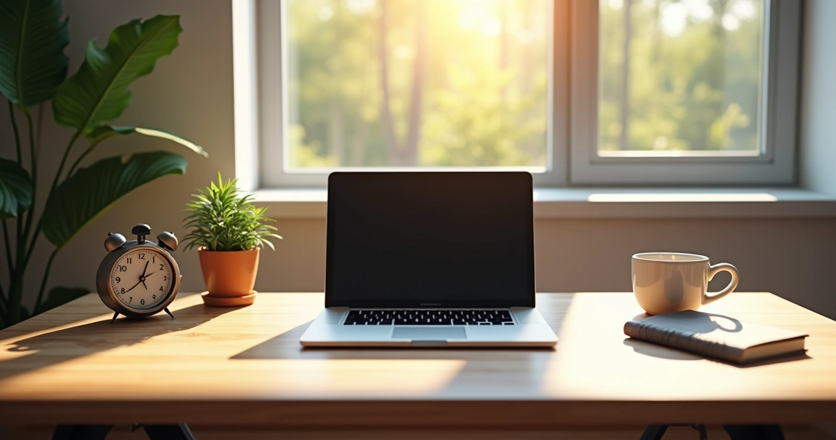Mesa de trabalho organizada com notebook, planta e relógio, transmitindo ordem e tranquilidade 