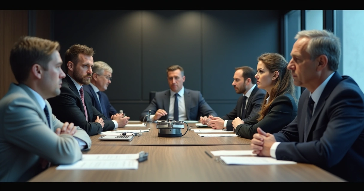 Funcionários ao redor de uma mesa de reunião, com expressões sérias e olhares desconfiados 