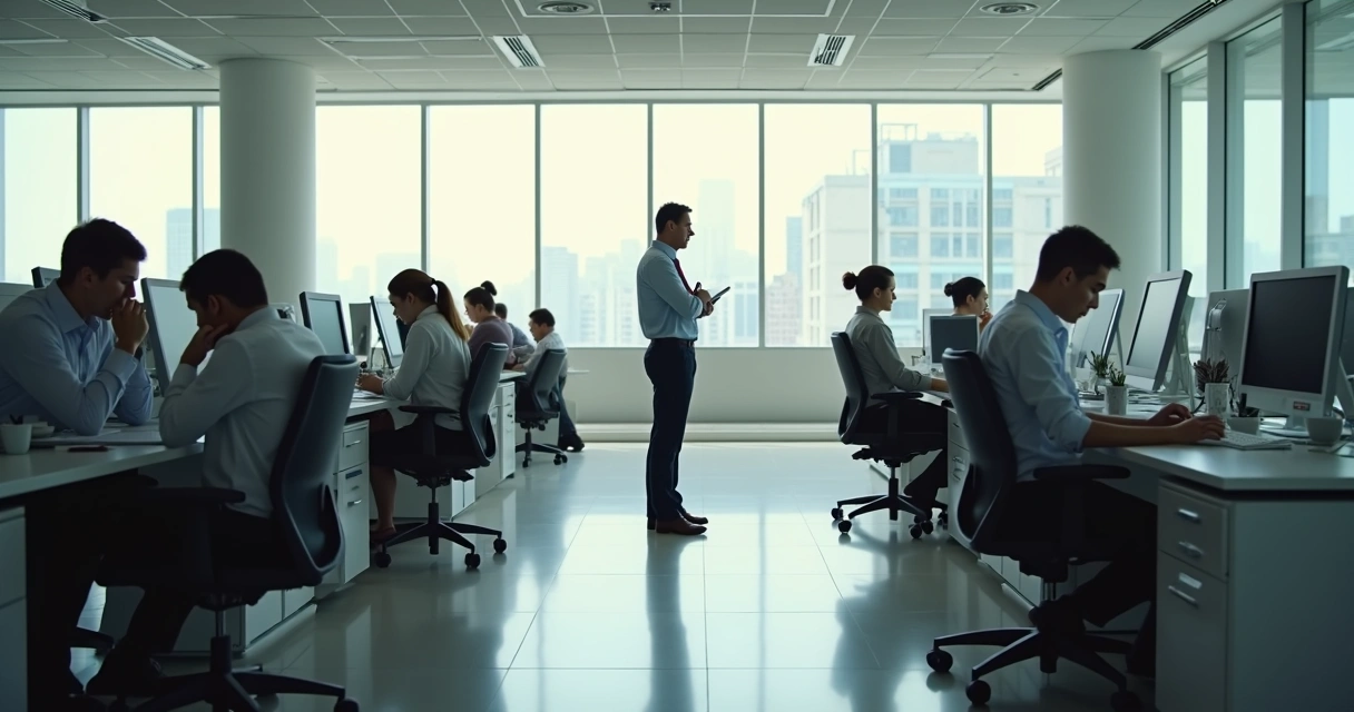 Ambiente de trabalho moderno, pessoas sentadas em estações parecendo desconfortáveis, rostos fechados, clima tenso e pouco diálogo.