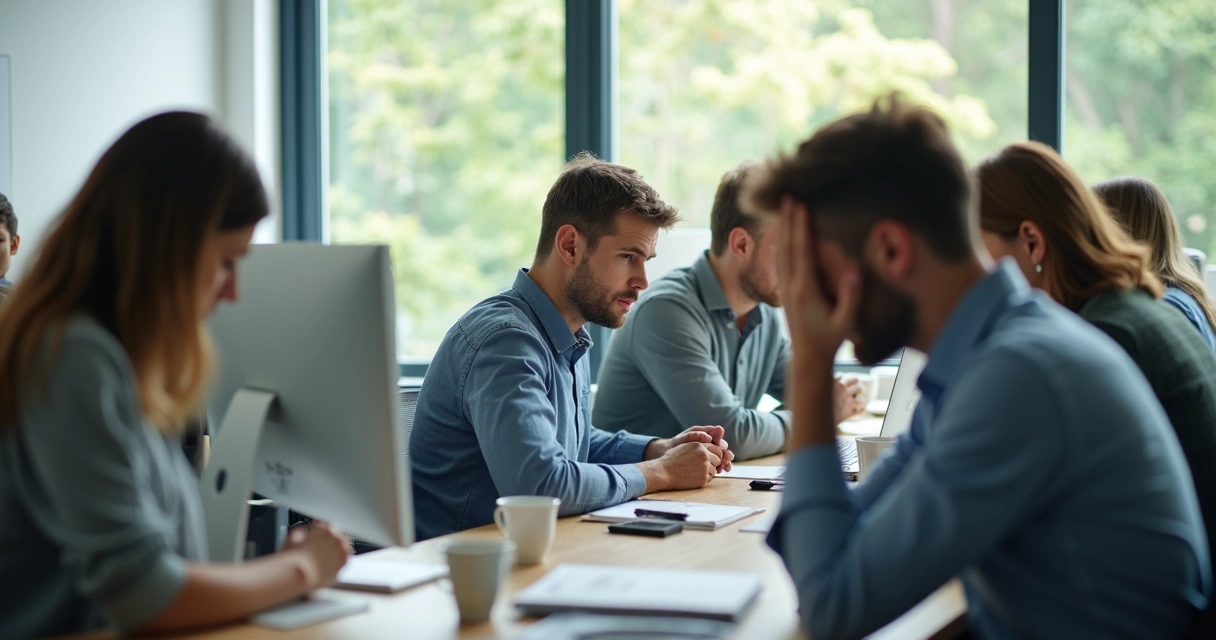 Sala de escritório com grupo de pessoas trabalhando, algumas visivelmente desconfortáveis 