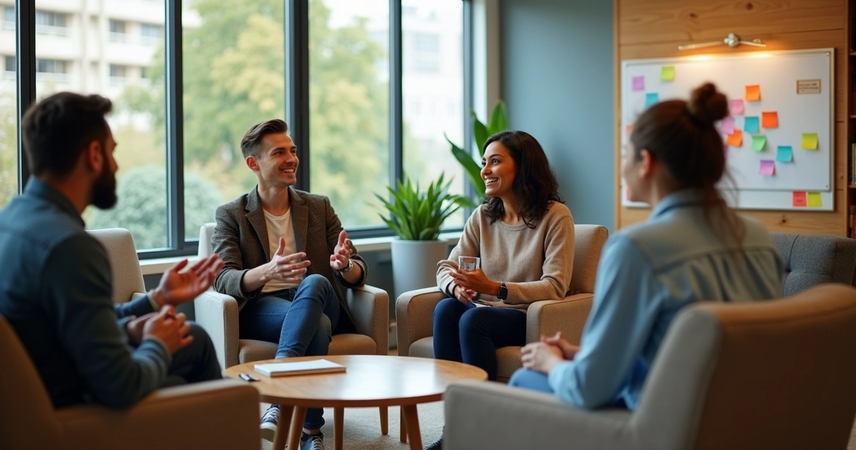 Equipe diversa em escritório acolhedor simulando conversa de apoio emocional 