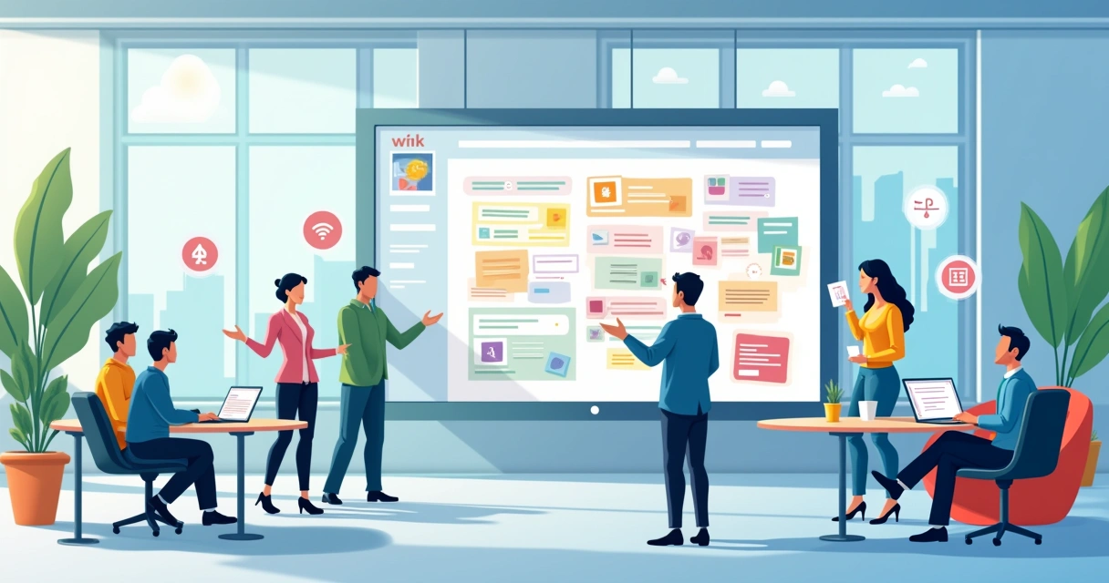 Ambiente de trabalho iluminado mostrando uma equipe colaborando em um wiki no Notion com telas digitais e interações.