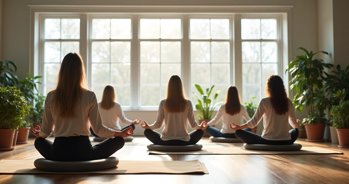 Ambiente de escritório tranquilo, com pessoas em postura de meditação e luz suave. 