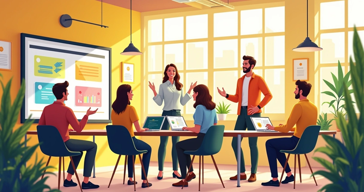 Ambiente de treinamento com e-learning, mentorias e gamificação em uma sala vibrante.