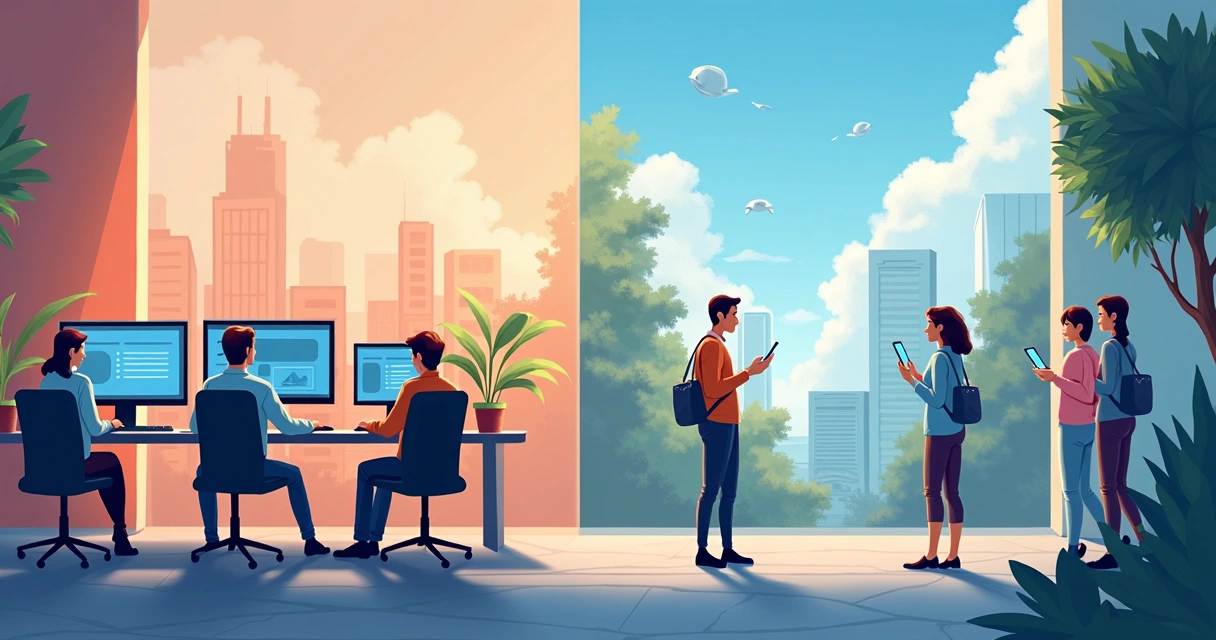 Ambientes diferentes ilustrando treinamento mobile e tradicional