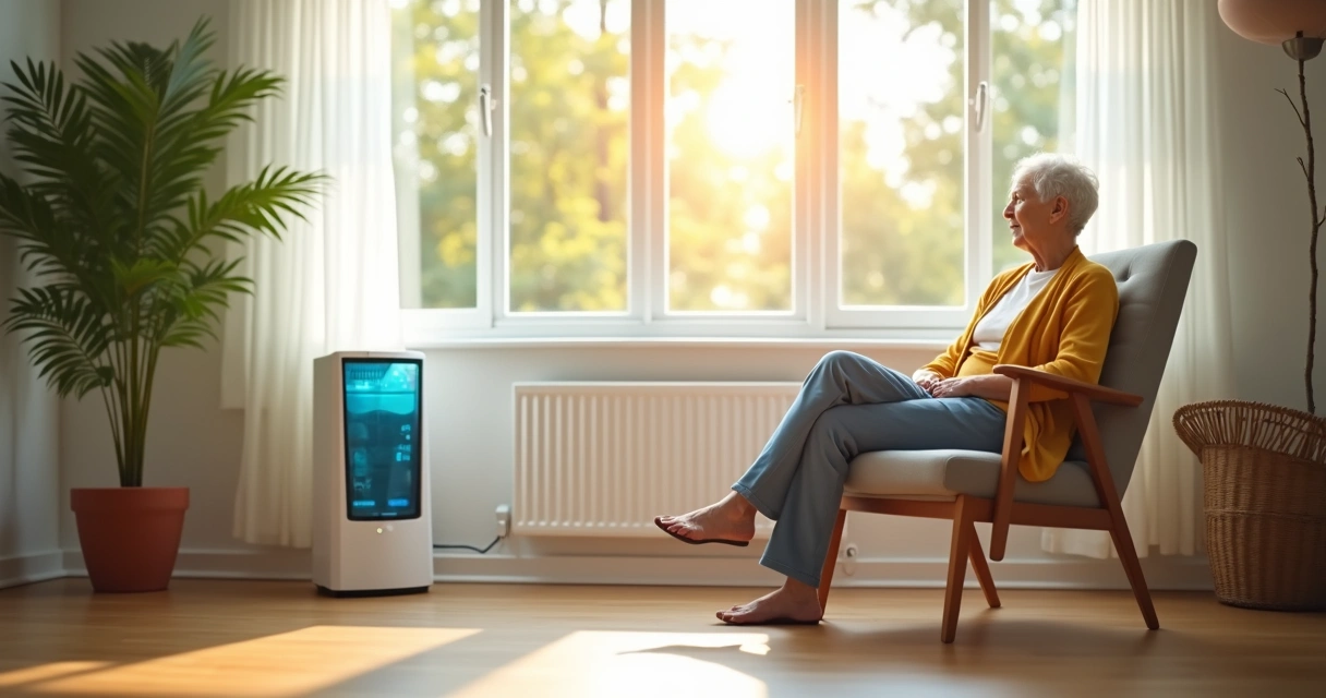 Ambiente interno com idoso sentado e umidificador de ar funcionando ao lado. 