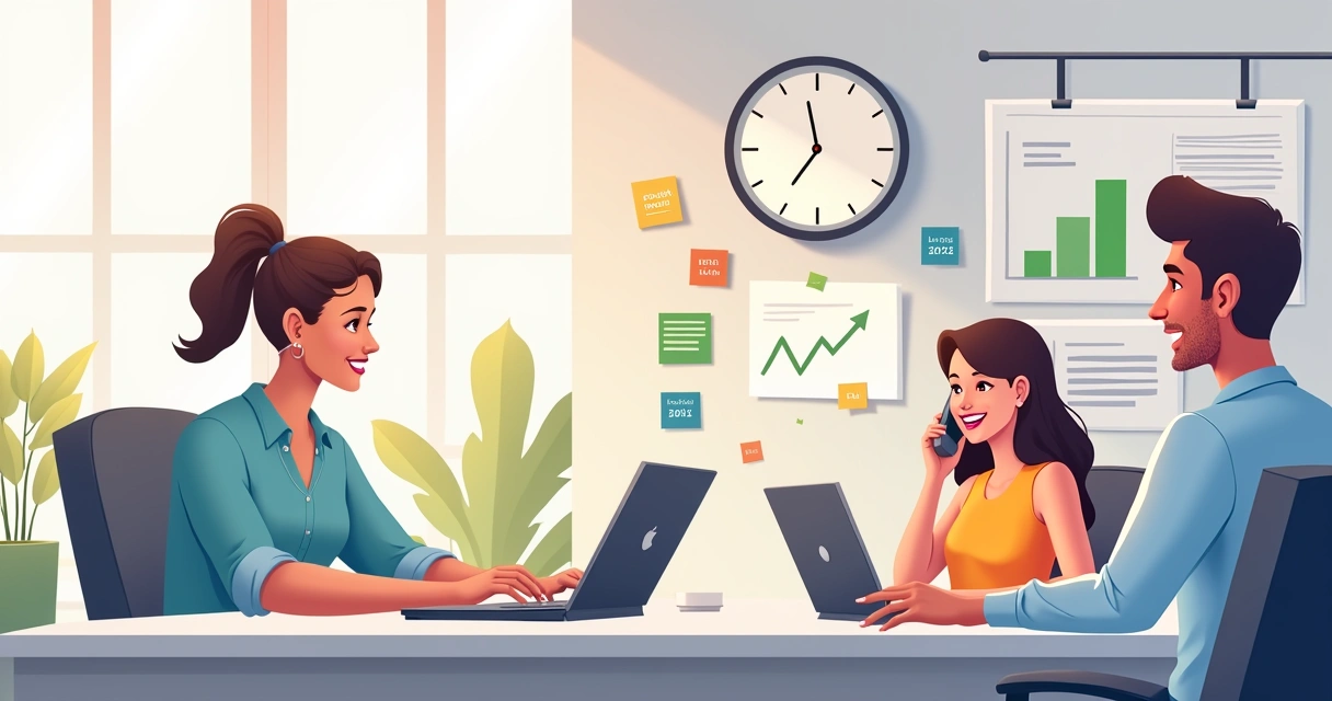 Ambiente de escritório com equipe de vendas focada em atividades de follow-up, incluindo emails e ligações.