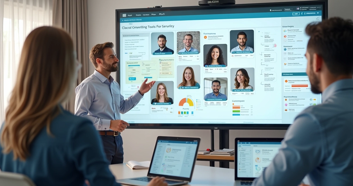 Mentor e mentorados conectados em plataforma digital, interagindo em tela dividida com recursos gráficos modernos. 