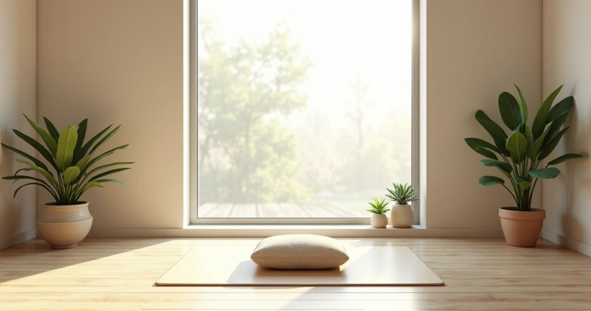 Sala minimalista com almofada de meditação, iluminação natural e plantas 