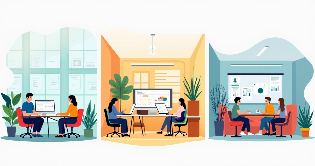 Ambientes de trabalho readequados com espaços confortáveis e colaborativos, destacando ergonomia e produtividade.