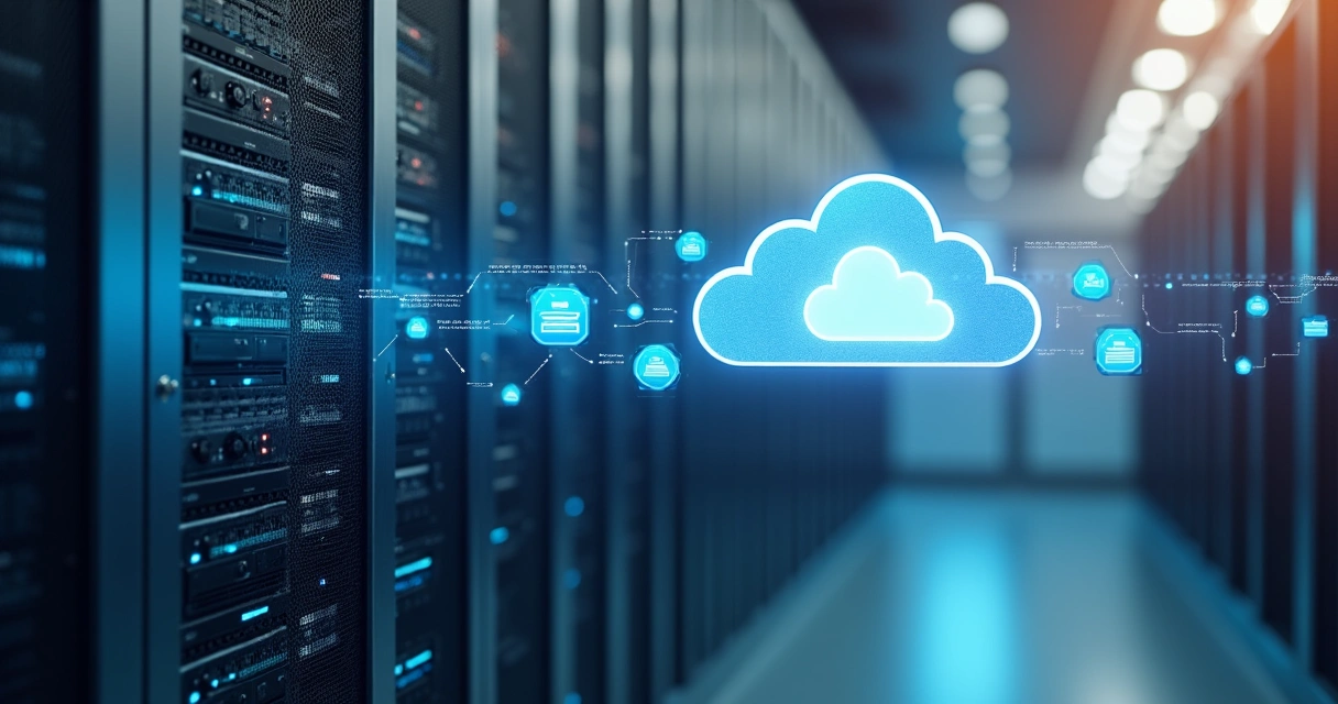 Servidor físico, nuvem e container representando ambientes híbridos de backup 