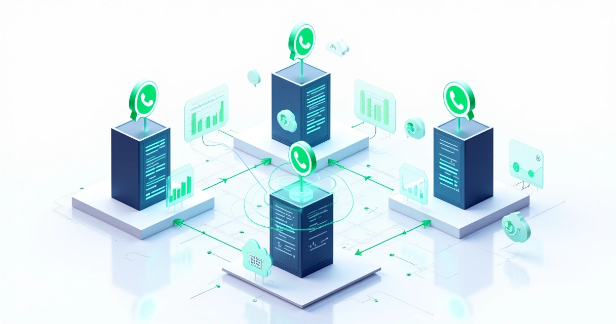 Desenho técnico mostrando múltiplos ambientes isolados do WhatsApp, cada um com seu próprio monitoramento 