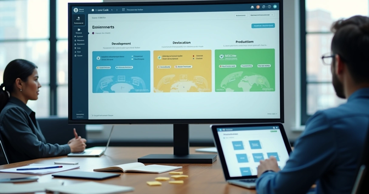 Painel com ambientes de desenvolvimento, teste e produção em projeto low-code 