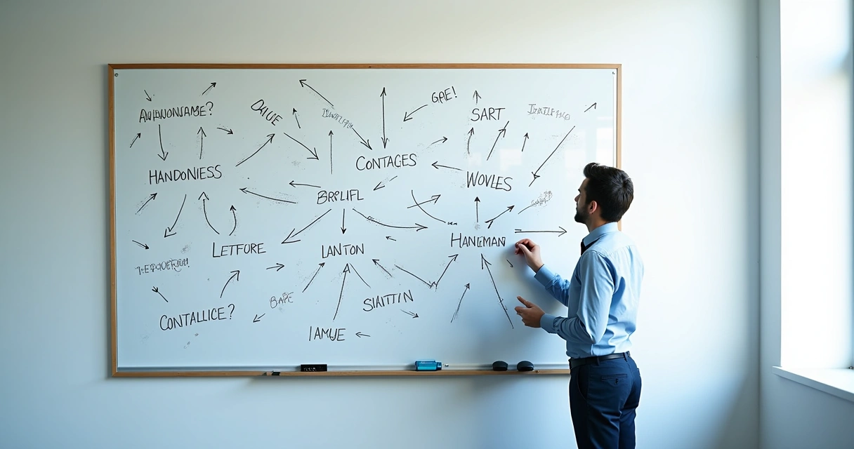 Persona frente a un pizarrón con mensajes confusos y flechas en varias direcciones