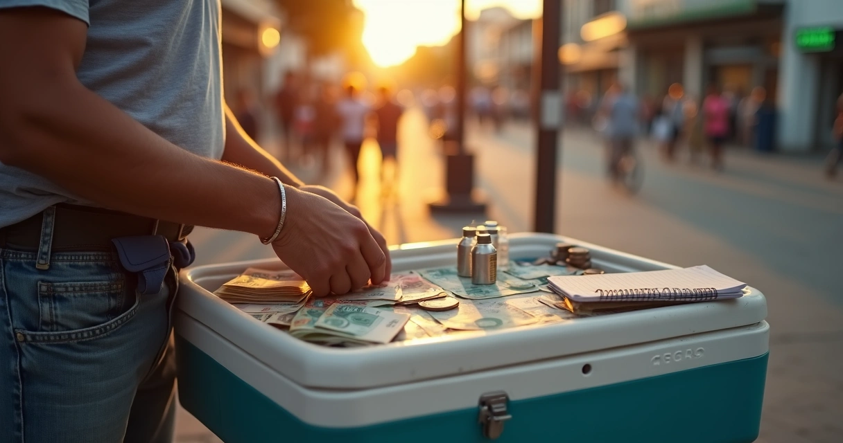 Vendedor ambulante organizando notas e moedas em pochete na calçada 
