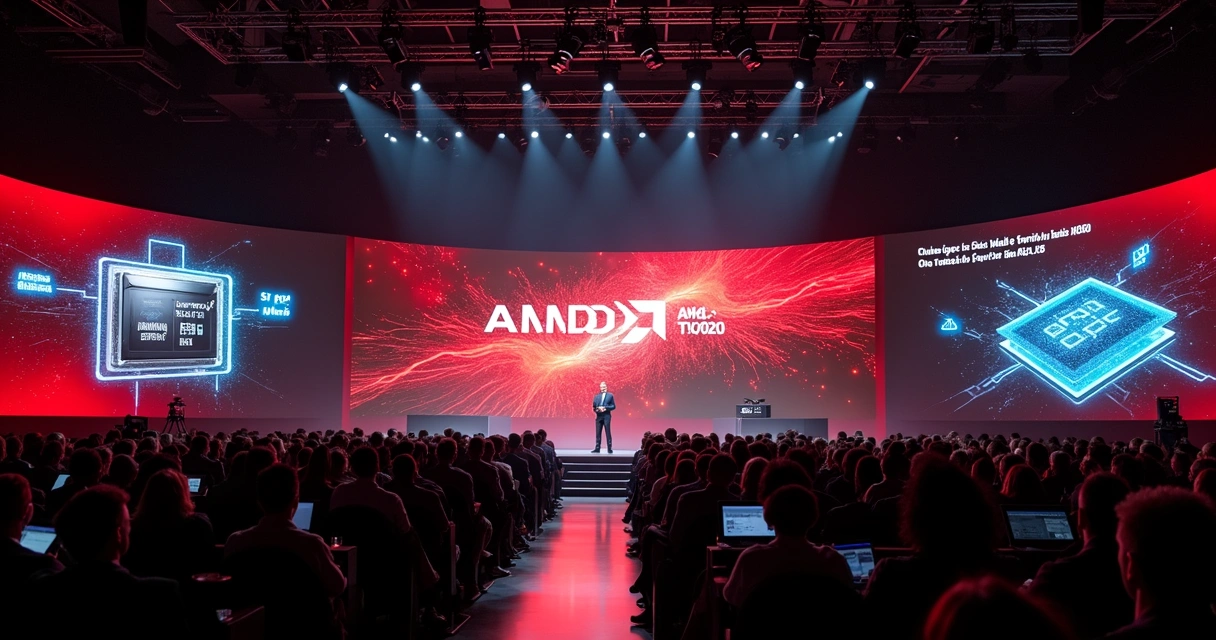 Palco principal da AMD na CES 2026 com telão sobre IA e rivalidade com Nvidia e Intel 