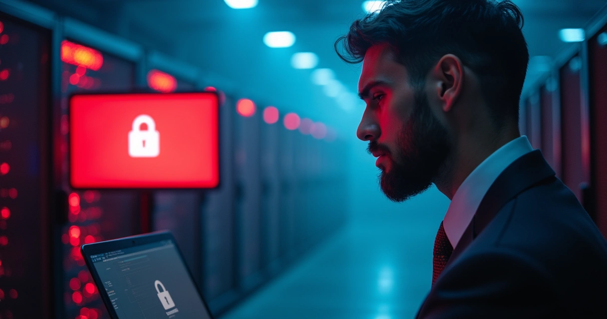 Sala de servidores com fumaça e tela mostrando aviso de ransomware 