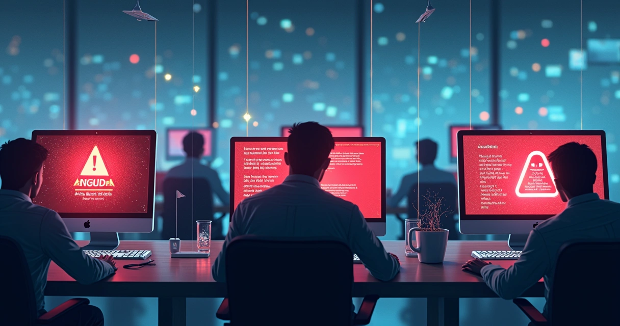 Representação gráfica de ameaças digitais, como vírus, phishings, e dispositivos conectados expostos 