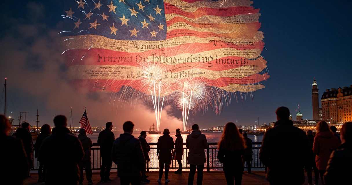 Modern crowd watching fireworks over historical U.S. documents projection 