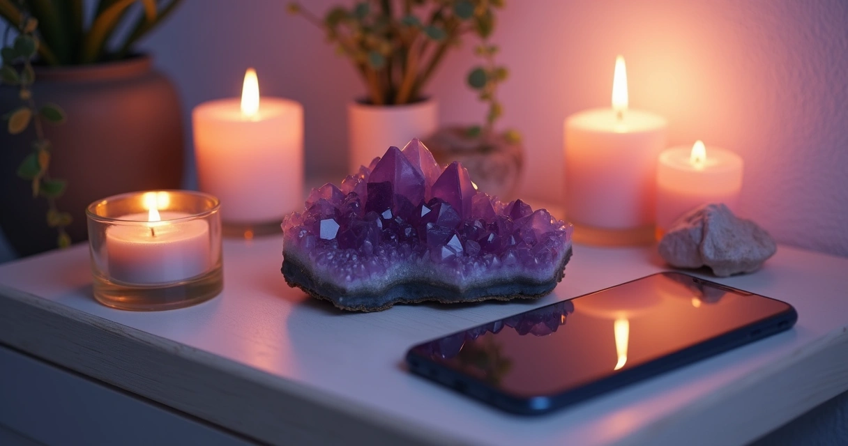Drusa de ametista ao lado de um celular em altar pessoal 