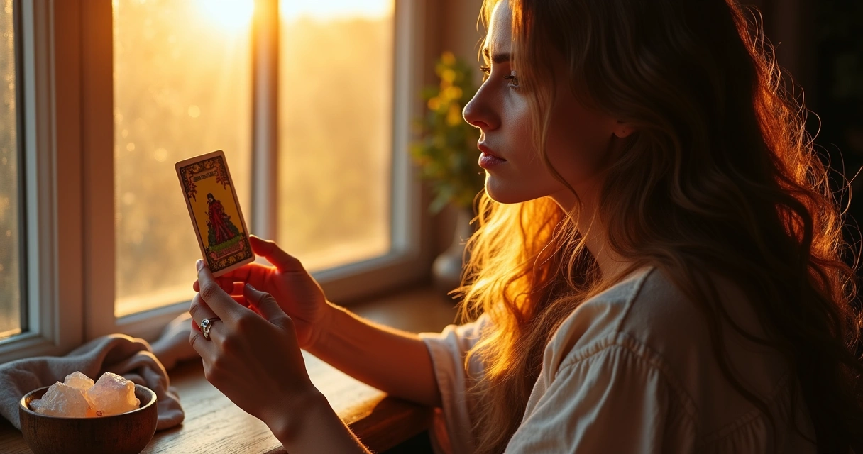 Mulher olhando triste para carta de tarot com luz suave do entardecer
