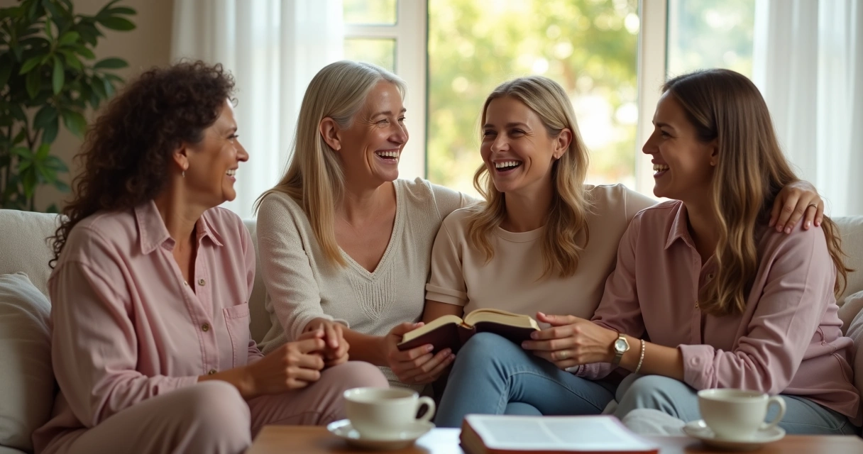 Grupo de mulheres cristãs apoiando-se sorrindo