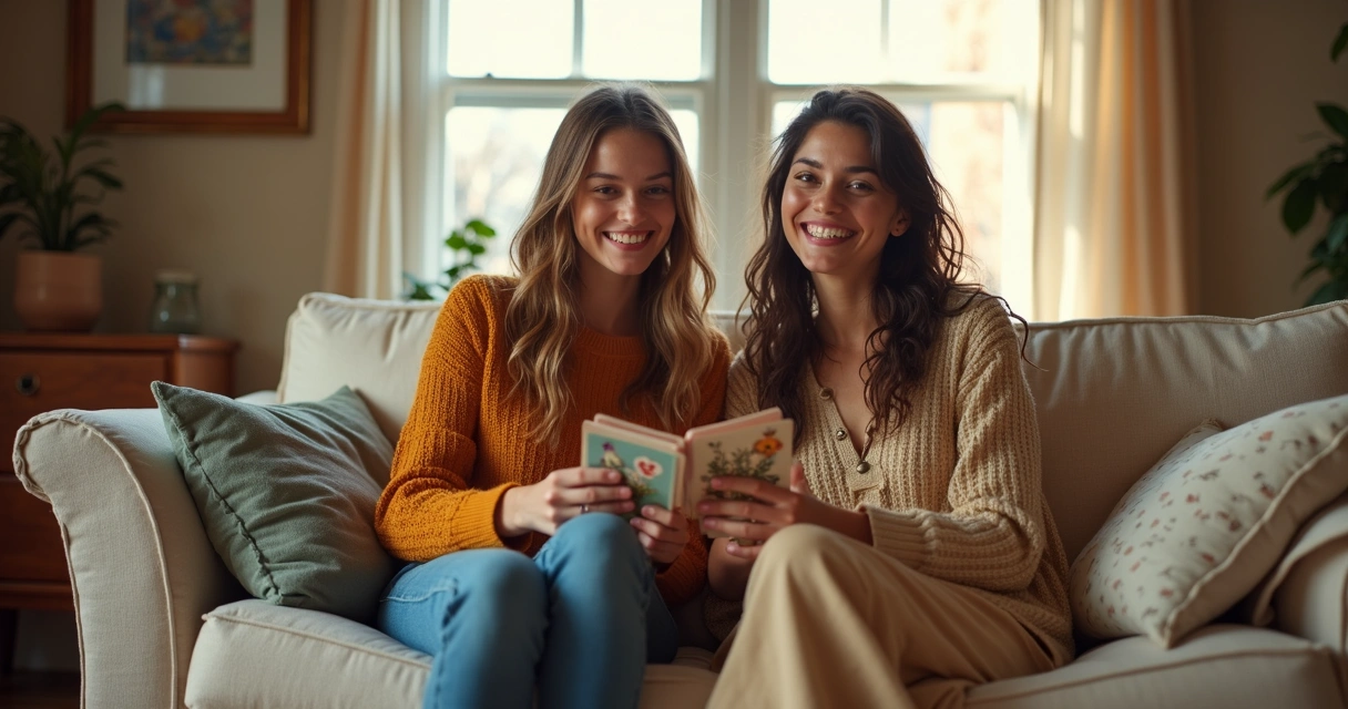 Duas amigas sorrindo sentadas em um sofá com cartas de baralho cigano nas mãos 