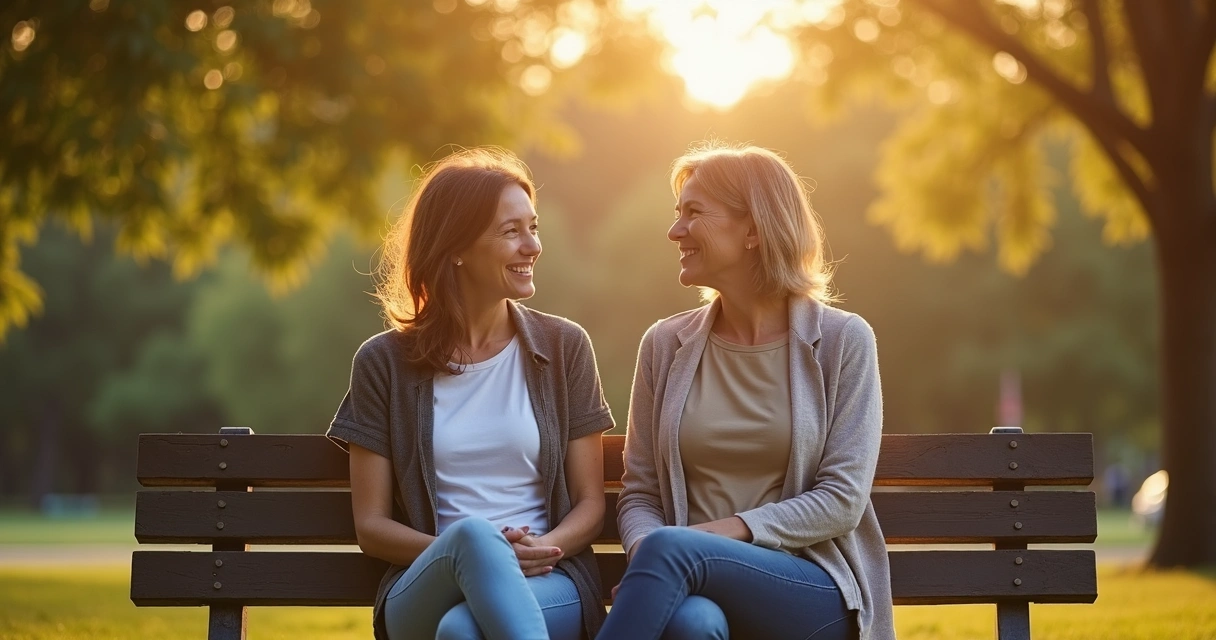 Duas amigas conversando sentadas em banco de praça 
