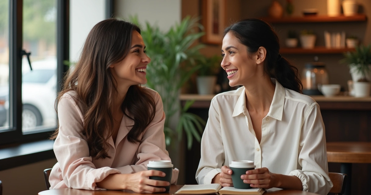 Duas mulheres sentadas em um café, conversando com serenidade e sorriso; ambiente acolhedor. 